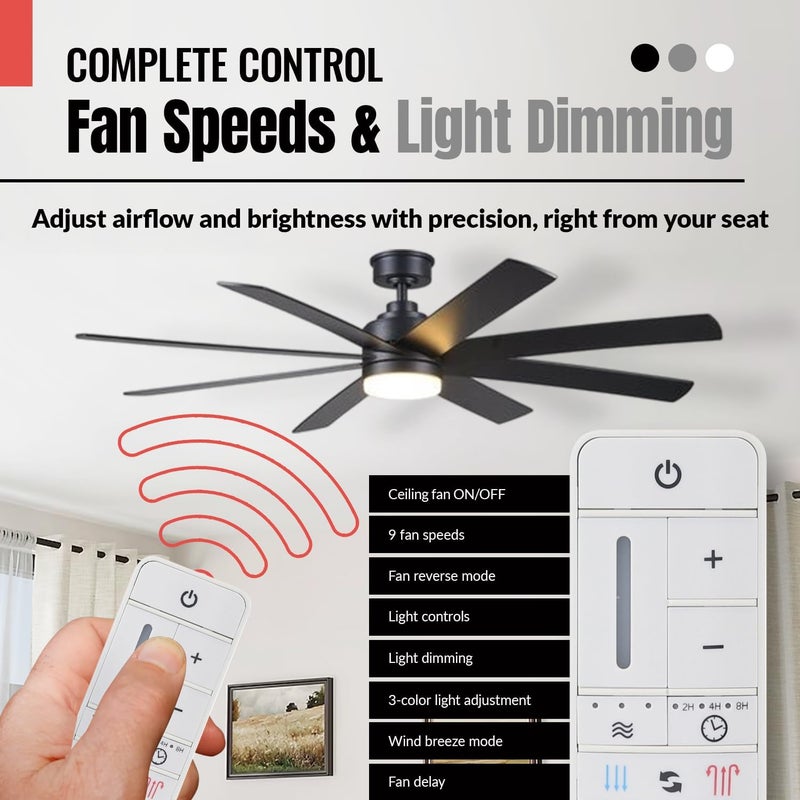 Anderic UC7225T Ceiling Fan Remote Control Replacement – 9-Speed Fan Control with Light Dimming, Breeze – Compatible ONLY with Home Decorators Collection TR198A KUJCE10308 – Receiver Required – White - Image 3